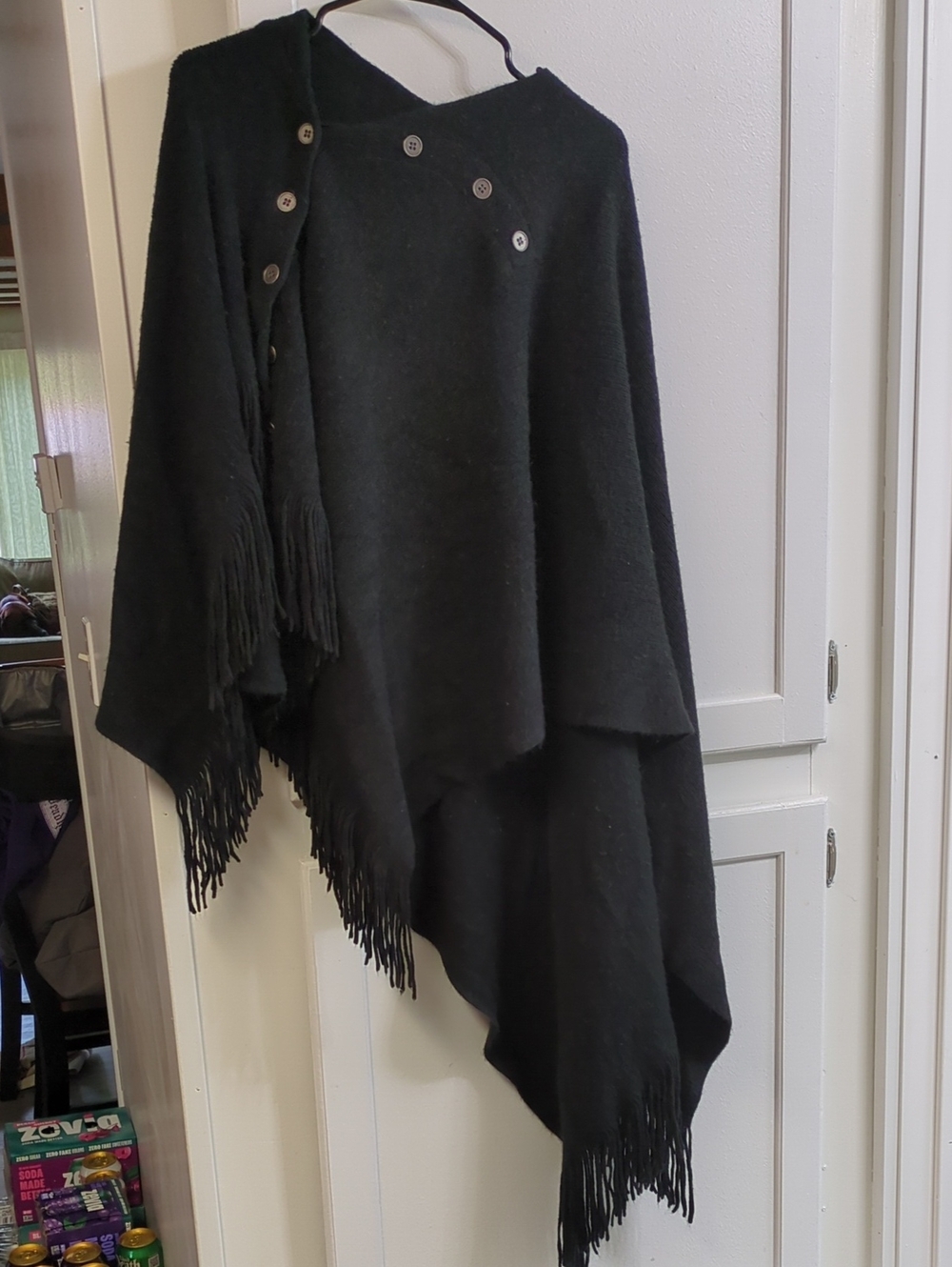 Black Fringe Button Poncho Sweater - Womens